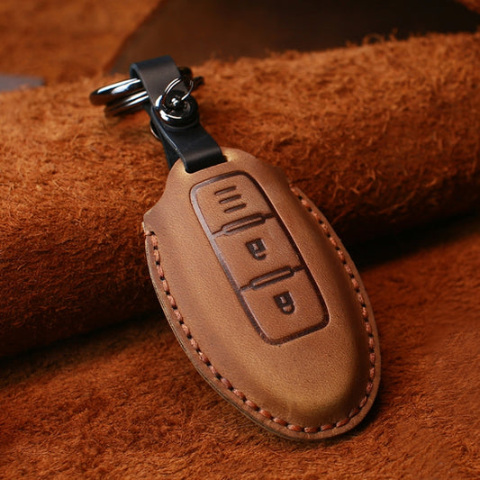 For Nissan Car Cowhide Leather Key Protective Cover Key Case, Three Keys Horizontal Line Version (Brown) by buy2fix
