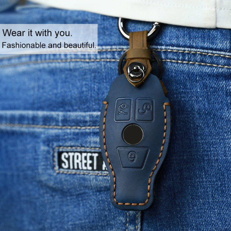 For Mercedes-Benz Old Style Car Cowhide Leather Key Protective Cover Key Case (Blue) by buy2fix
