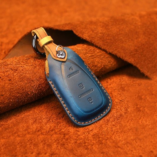 For Chevrolet Car Cowhide Leather Key Protective Cover Key Case, Three Keys Version (Blue) by buy2fix