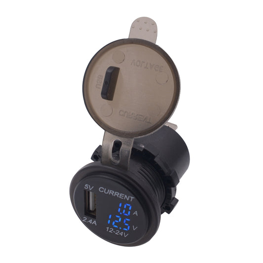 Universal Car Single Port USB Charger Power Outlet Adapter 2.4A 5V IP66 with LED Digital Voltmeter + Ammeter(Blue Light) by buy2fix