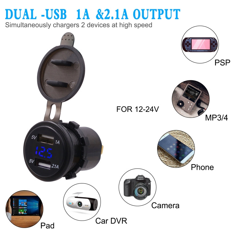 Universal Car Dual Port USB Charger Power Outlet Adapter 3.1A 5V IP66 with LED Digital Voltmeter + 60cm Cable(Blue Light) by buy2fix