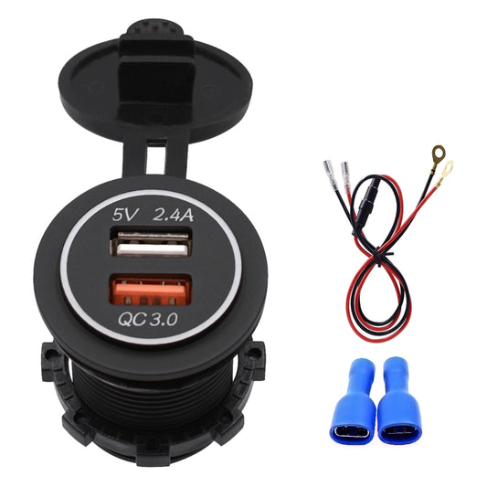 Universal Car QC3.0 Dual Port USB Charger Power Outlet Adapter 5V 2.4A IP66 with 60cm Cable(Blue Light) by buy2fix