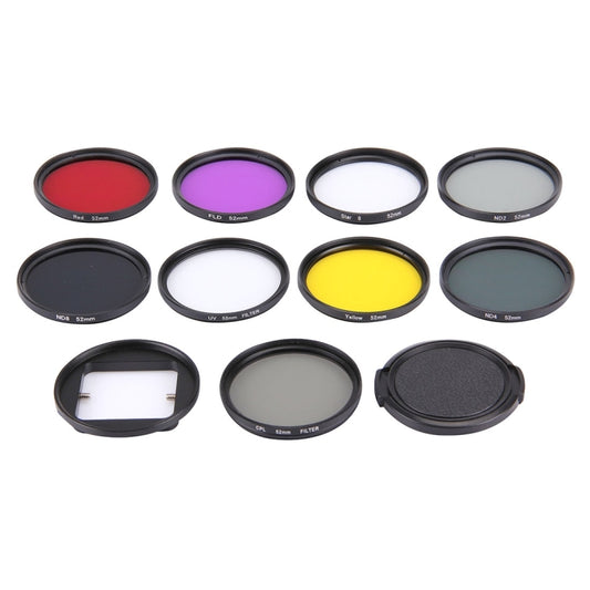 JUNESTAR 11 in 1 Proffesional 52mm Lens Filter(CPL + UV + ND8 + ND4 + ND2 + Star 8 + Red + Yellow + FLD / Purple) & Waterproof Housing Case Adapter Ring & Lens Protective Cap for GoPro HERO4 / 3+ / 3 & Xiaomi Xiaoyi Yi I / II 4K Sport Action Camera by JSR