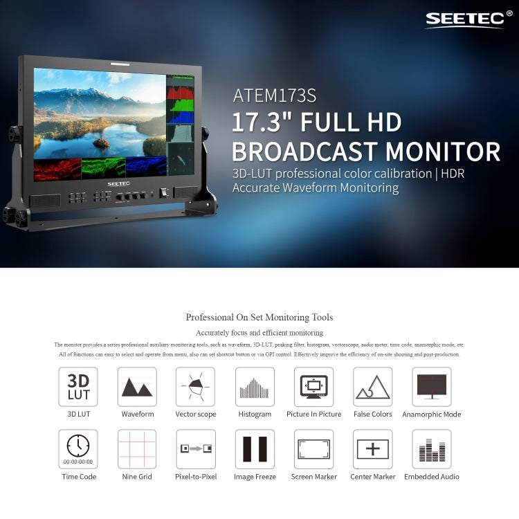 SEETEC ATEM173S 17.3 inch 3G-SDI HDMI Full HD 1920x1080 Multi-camera Broadcast Monitor(UK Plug) by SEETEC