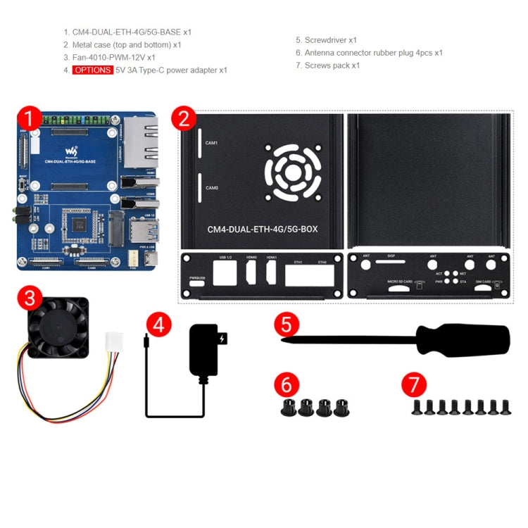 Waveshare Dual Gigabit Ethernet 5G/4G Computer Box with Cooling Fan for Raspberry Pi CM4(EU Plug) by WAVESHARE