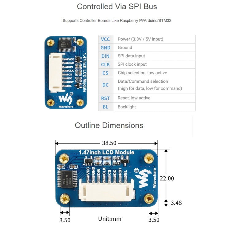 WAVESHARE 1.47 inch LCD Display Module, Rounded Corners, 172 x 320 Resolution, SPI Interface by VONETS