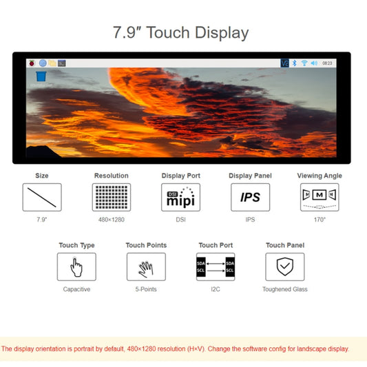 WAVESHARE 7.9 inch Capacitive Touch Display For Raspberry Pi, 400 x 1280, IPS, DSI Interface by WAVESHARE