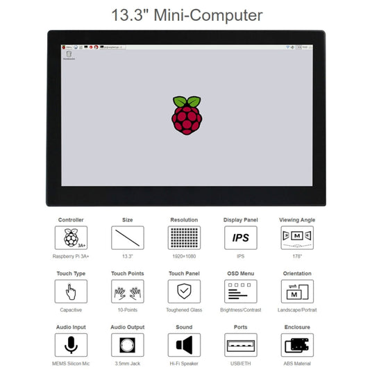 Waveshare 13.3 inch Mini-Computer Powered by Raspberry Pi 3A+, HD Touch Screen(US Plug) by WAVESHARE