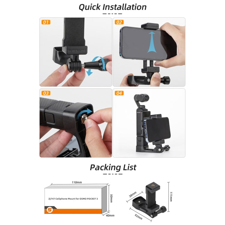 For DJI OSMO Pocket 3 Sunnylife Front Phone Holder Mount Handheld Tripod Expansion Brackets (Black) by Sunnylife