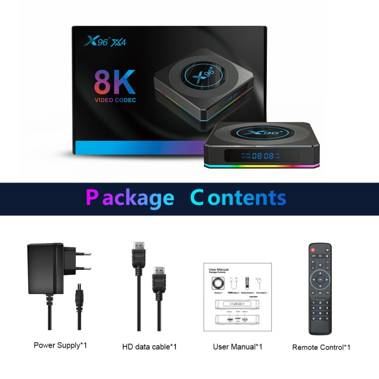 X96 X4 8K Smart TV BOX Android 11.0 Media Player with Remote Control, Amlogic S905X4 Quad Core ARM Cortex A55, RAM: 4GB, ROM: 64GB, Support 1000M, Dual Band WiFi, Bluetooth, US Plug by buy2fix
