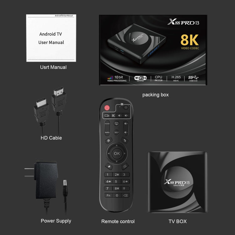 X88 Pro 13 Android 13.0 Smart TV Box with Remote Control, RK3528 Quad-Core, 4G+32GB(US Plug) by buy2fix