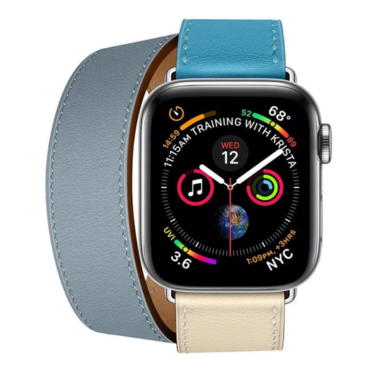Two Color Double Loop Leather Wrist Strap Watch Band for Apple Watch Series 3 & 2 & 1 38mm, Color:Grey Blue+Pink White+Ice Blue by buy2fix