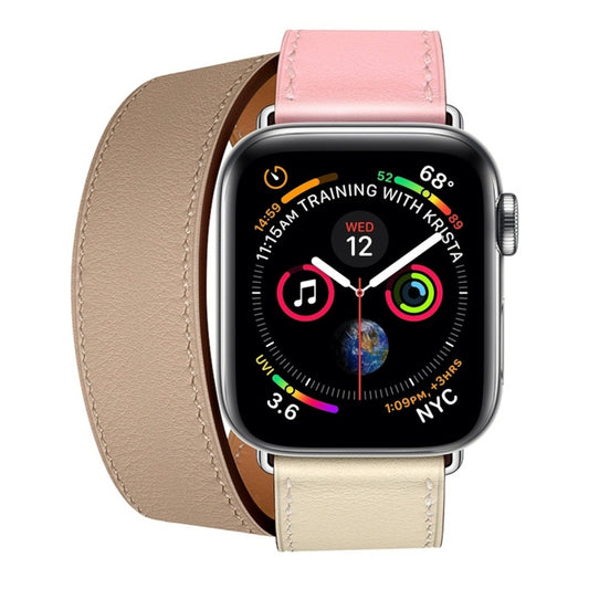 Two Color Double Loop Leather Wrist Strap Watch Band for Apple Watch Series 3 & 2 & 1 38mm, Color:Cherry Pink+Pink White+Ceramic Clay by buy2fix