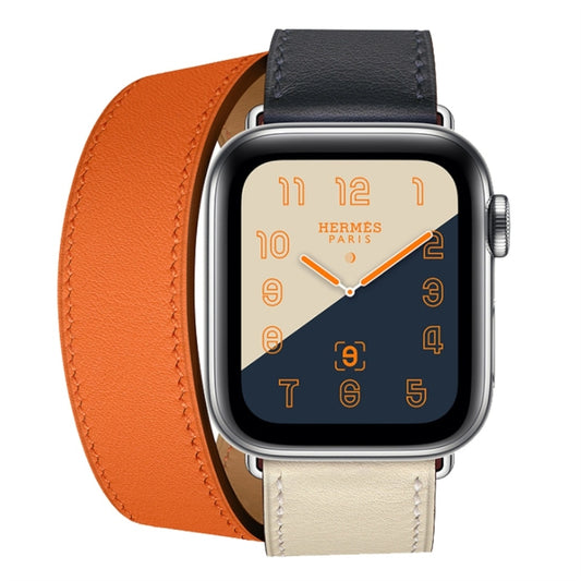 Two Color Double Loop Leather Wrist Strap Watch Band for Apple Watch Series 3 & 2 & 1 38mm, Color:Bright Blue+Pink White+Orange by buy2fix