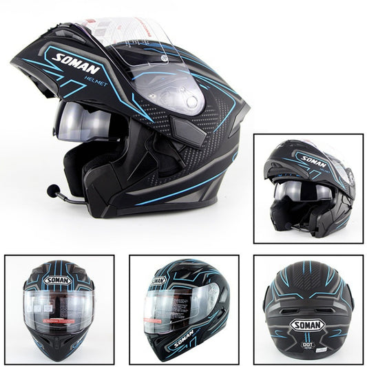 Soman 955 Skyeye Motorcycle Full / Open Face Bluetooth Helmet Headset Full Face, Supports Answer / Hang Up Calls(Black Blue) by SOMAN
