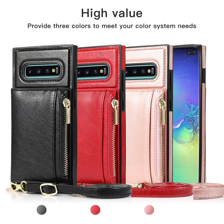 For Samsung Galaxy S10 Plus Square Zipper Wallet Bag TPU+PU Back Cover Case with Holder & Card Slots & Wallet & Cross-body Strap(Rose Glod) by buy2fix