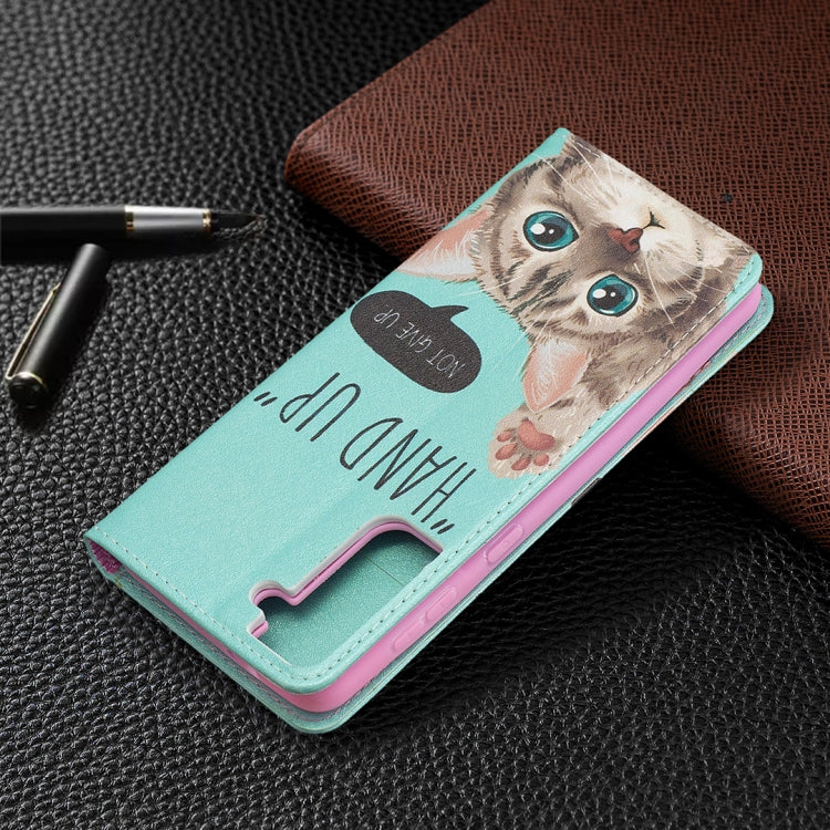 For Samsung Galaxy S21+ 5G Colored Drawing Pattern Invisible Magnetic Horizontal Flip PU Leather Case with Holder & Card Slots & Wallet(Cat) by buy2fix