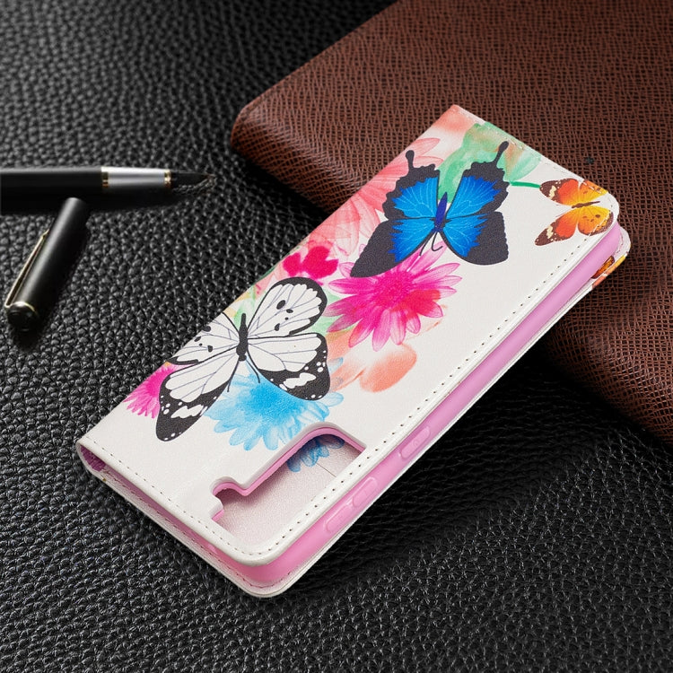 For Samsung Galaxy S21+ 5G Colored Drawing Pattern Invisible Magnetic Horizontal Flip PU Leather Case with Holder & Card Slots & Wallet(Two Butterflies) by buy2fix