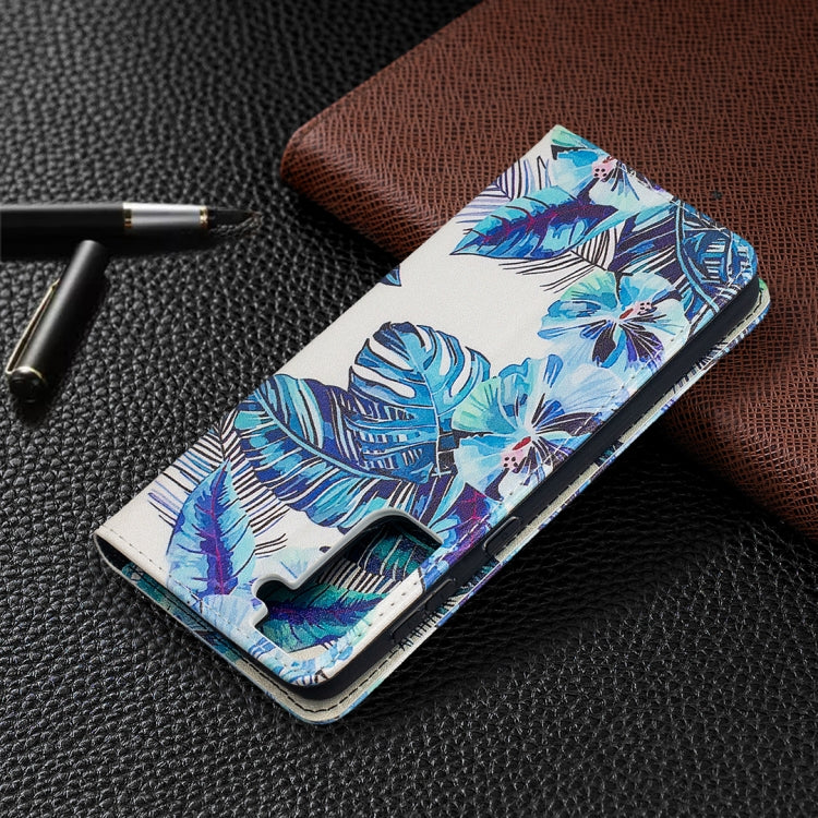 For Samsung Galaxy S21+ 5G Colored Drawing Pattern Invisible Magnetic Horizontal Flip PU Leather Case with Holder & Card Slots & Wallet(Blue Leaves) by buy2fix