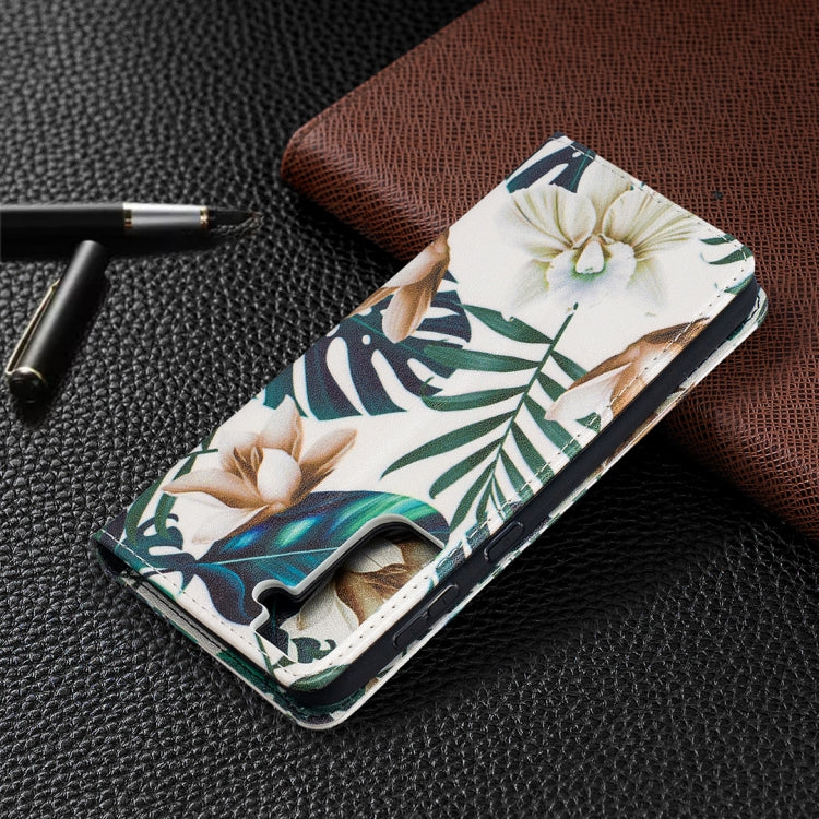 For Samsung Galaxy S21+ 5G Colored Drawing Pattern Invisible Magnetic Horizontal Flip PU Leather Case with Holder & Card Slots & Wallet(Red Leaves) by buy2fix