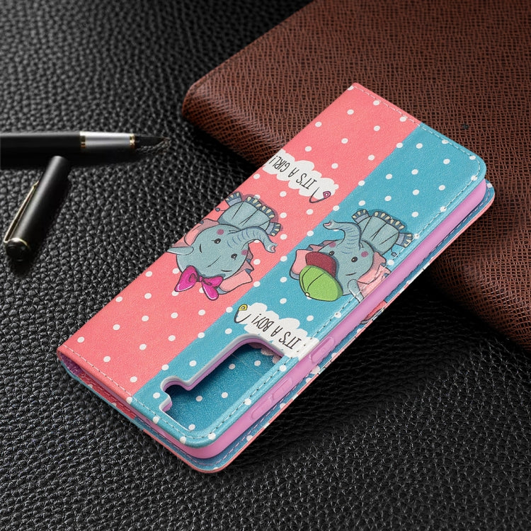 For Samsung Galaxy S21+ 5G Colored Drawing Pattern Invisible Magnetic Horizontal Flip PU Leather Case with Holder & Card Slots & Wallet(Elephants) by buy2fix