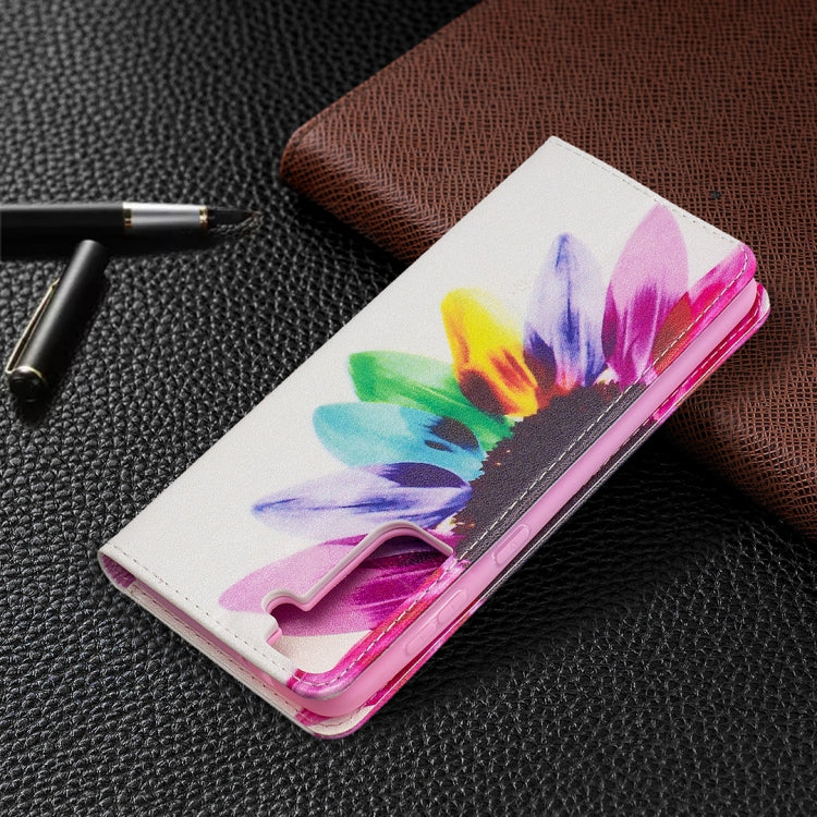 For Samsung Galaxy S21+ 5G Colored Drawing Pattern Invisible Magnetic Horizontal Flip PU Leather Case with Holder & Card Slots & Wallet(Sun Flower) by buy2fix
