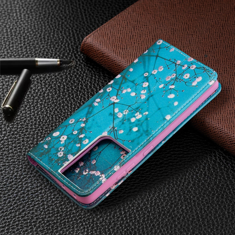For Samsung Galaxy S21 Ultra 5G Colored Drawing Pattern Invisible Magnetic Horizontal Flip PU Leather Case with Holder & Card Slots & Wallet(Plum Blossom) by buy2fix
