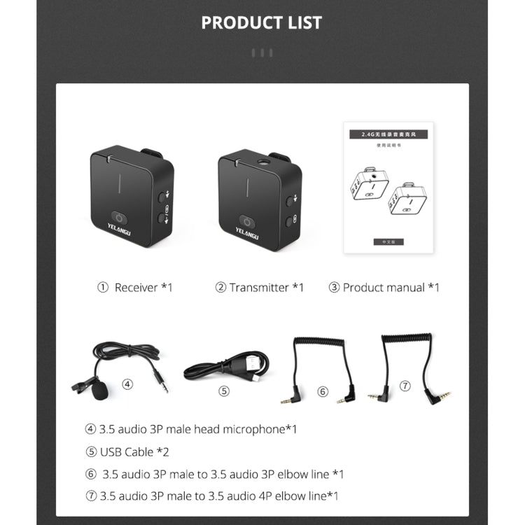 YELANGU MX5 2.4G Live Broadcast Interview Wireless Recording Camera Microphone, 1 Receiver to 1 Transmitter by YELANGU