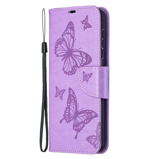 For Samsung Galaxy S21+ 5G Embossing Two Butterflies Pattern Horizontal Flip PU Leather Case with Holder & Card Slot & Wallet & Lanyard(Purple) by buy2fix