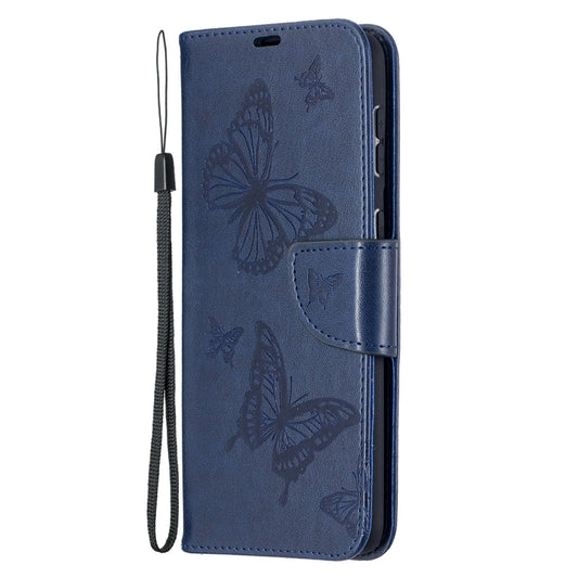 For Samsung Galaxy S21+ 5G Embossing Two Butterflies Pattern Horizontal Flip PU Leather Case with Holder & Card Slot & Wallet & Lanyard(Blue) by buy2fix