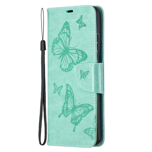For Samsung Galaxy S21 Ultra 5G Embossing Two Butterflies Pattern Horizontal Flip PU Leather Case with Holder & Card Slot & Wallet & Lanyard(Green) by buy2fix