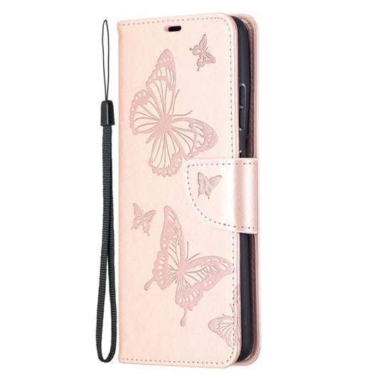 For Samsung Galaxy S21 Ultra 5G Embossing Two Butterflies Pattern Horizontal Flip PU Leather Case with Holder & Card Slot & Wallet & Lanyard(Rose Gold) by buy2fix
