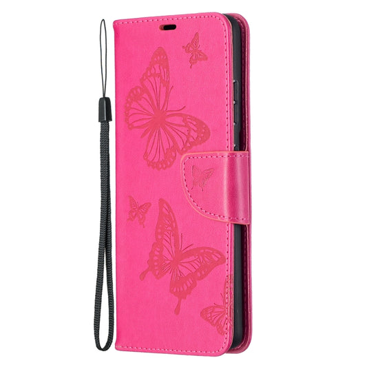 For Samsung Galaxy S21 Ultra 5G Embossing Two Butterflies Pattern Horizontal Flip PU Leather Case with Holder & Card Slot & Wallet & Lanyard(Rose Red) by buy2fix