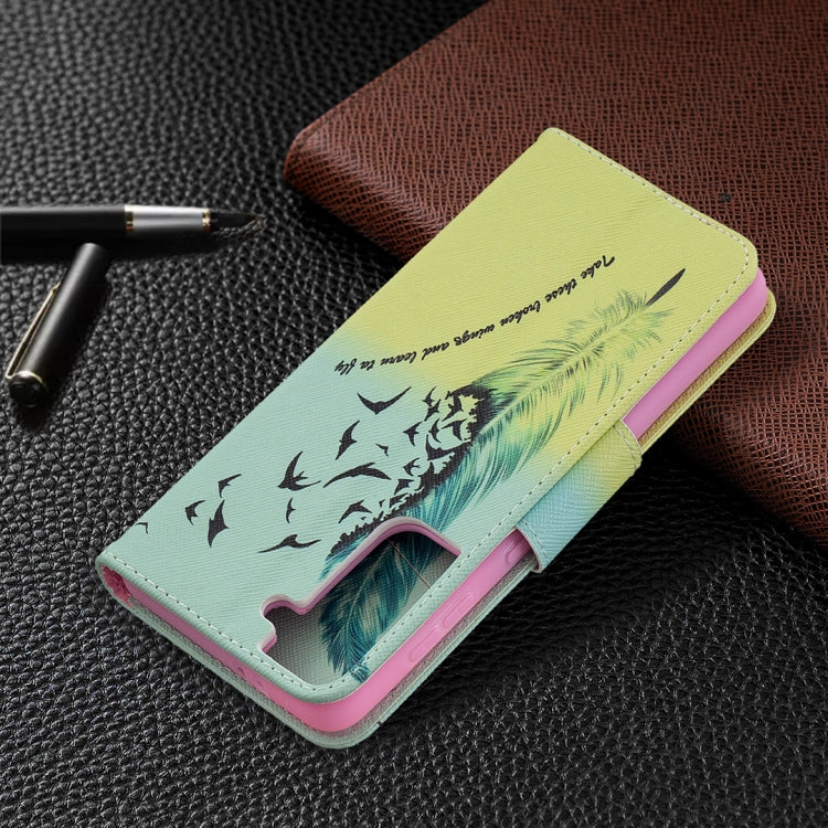 For Samsung Galaxy S21 5G Colored Drawing Pattern Horizontal Flip Leather Case with Holder & Card Slots & Wallet(Feather) by buy2fix
