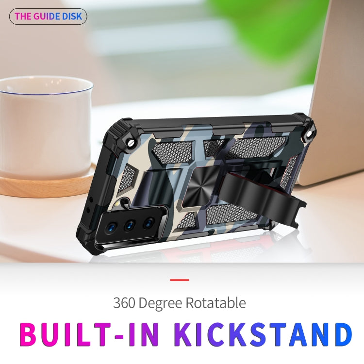 For Samsung Galaxy S21 5G Camouflage Armor Shockproof TPU + PC Magnetic Protective Case with Holder(Baby Blue) by buy2fix