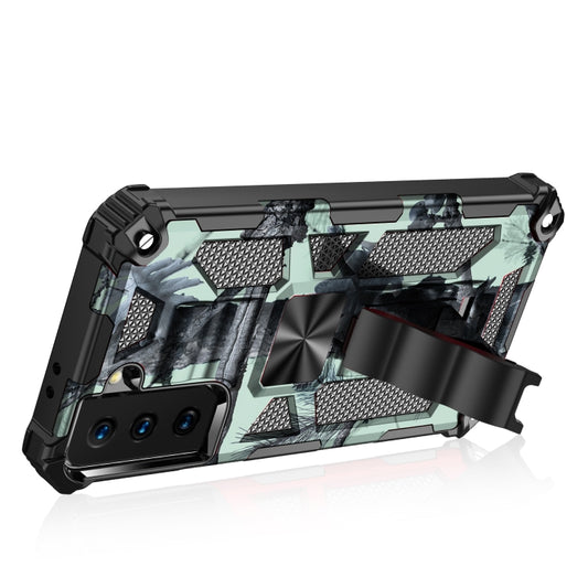 For Samsung Galaxy S21 Ultra 5G Camouflage Armor Shockproof TPU + PC Magnetic Protective Case with Holder(Mint Green) by buy2fix