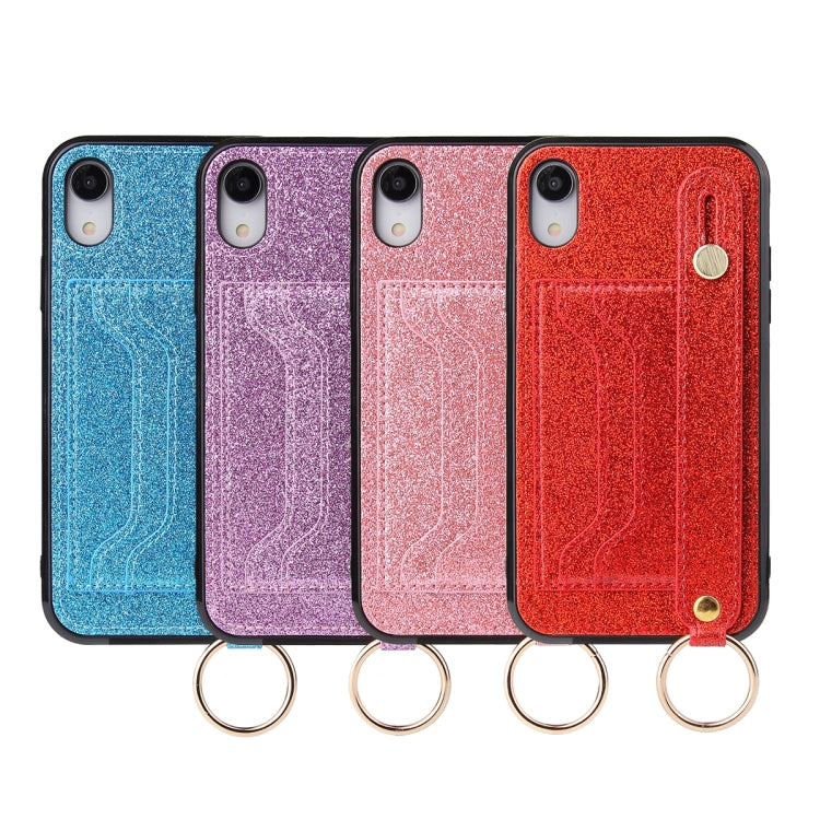 For iPhone XS Max Glitter Powder PU+TPU Shockproof Protective Case with Holder & Card Slots & Wrist Strap(Pink) by buy2fix