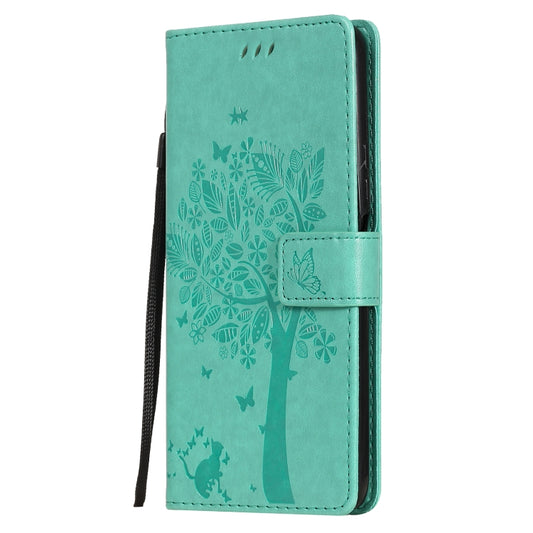 For Huawei Y9a Tree & Cat Pattern Pressed Printing Horizontal Flip PU Leather Case with Holder & Card Slots & Wallet & Lanyard(Green) by buy2fix