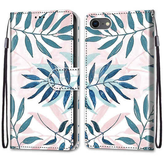 For iPhone SE 2022 / SE 2020 / 8 / 7 Coloured Drawing Cross Texture Horizontal Flip PU Leather Case with Holder & Card Slots & Wallet & Lanyard(Pink Green Leaf) by buy2fix