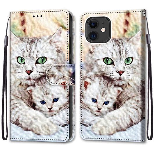 For iPhone 12 mini Coloured Drawing Cross Texture Horizontal Flip PU Leather Case with Holder & Card Slots & Wallet & Lanyard (Big Cat Holding Kitten) by buy2fix