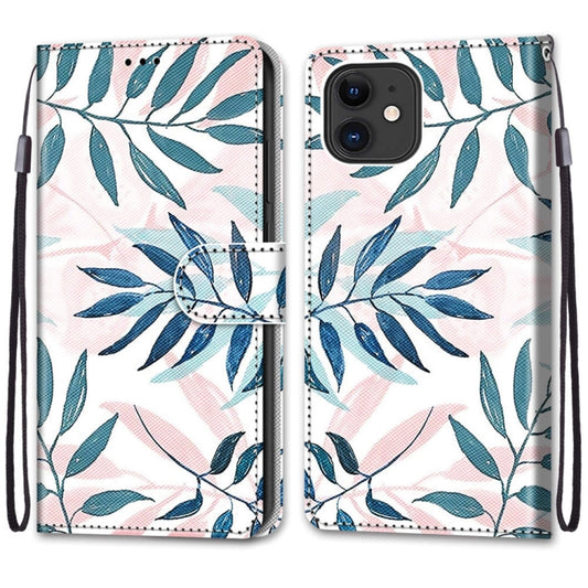 For iPhone 12 mini Coloured Drawing Cross Texture Horizontal Flip PU Leather Case with Holder & Card Slots & Wallet & Lanyard (Pink Green Leaf) by buy2fix