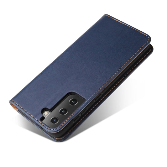 For Samsung Galaxy S21 5G Fierre Shann PU Genuine Leather Texture Horizontal Flip Leather Case with Holder & Card Slots & Wallet(Blue) by FIERRE SHANN
