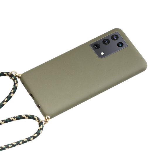 For Samsung Galaxy S21 Ultra 5G Wheat Straw Material + TPU Protective Case with Lanyard(Army Green) by buy2fix