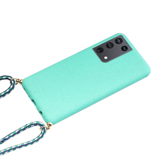 For Samsung Galaxy S21 Ultra 5G Wheat Straw Material + TPU Protective Case with Lanyard(Green) by buy2fix