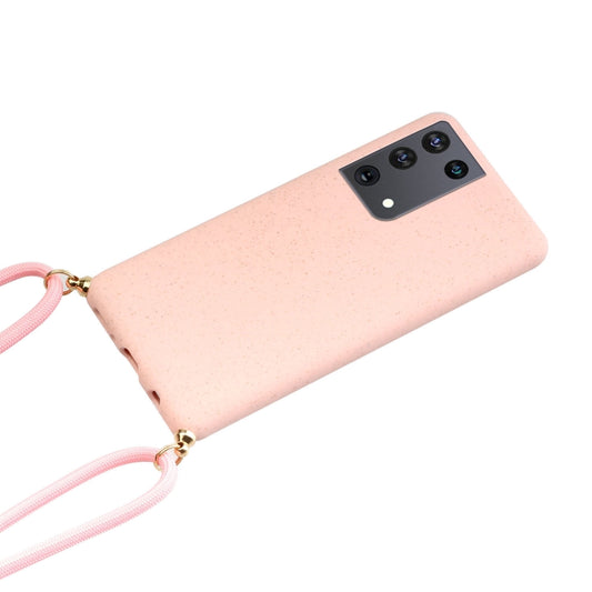 For Samsung Galaxy S21 Ultra 5G Wheat Straw Material + TPU Protective Case with Lanyard(Pink) by buy2fix