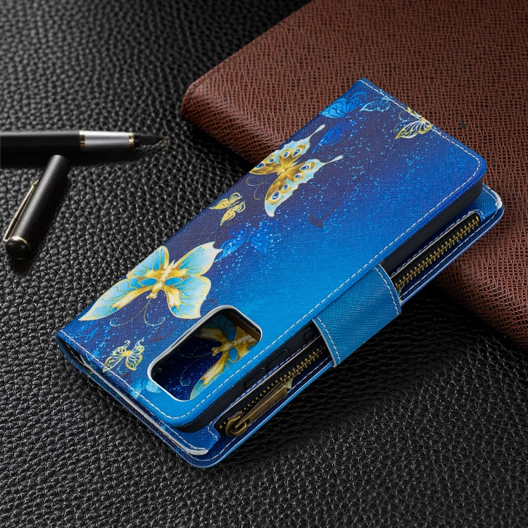 For Samsung Galaxy A52 5G / 4G Colored Drawing Pattern Zipper Horizontal Flip Leather Case with Holder & Card Slots & Wallet(Gold Butterfly) by buy2fix