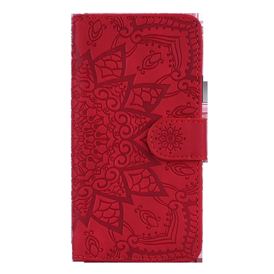 For Galaxy A20s Calf Pattern Mandala Double Folding Design Embossed Leather Case with Wallet & Holder & Card Slots(Red) by buy2fix