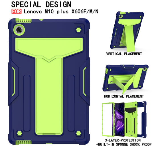 For Lenovo M10 Plus TB-X606F T-shaped Bracket Contrast Color Shockproof PC + Silicone Protective Case(Navy Blue + Yellow Green) by buy2fix