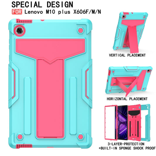 For Lenovo M10 Plus TB-X606F T-shaped Bracket Contrast Color Shockproof PC + Silicone Protective Case(Mint Green + Rose Red) by buy2fix