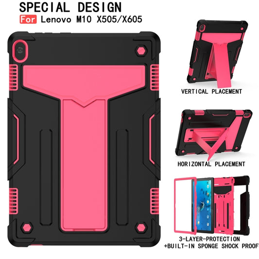 For Lenovo M10 FHD REL TB-X605F T-shaped Bracket Contrast Color Shockproof PC + Silicone Protective Case(Black + Rose Red) by buy2fix